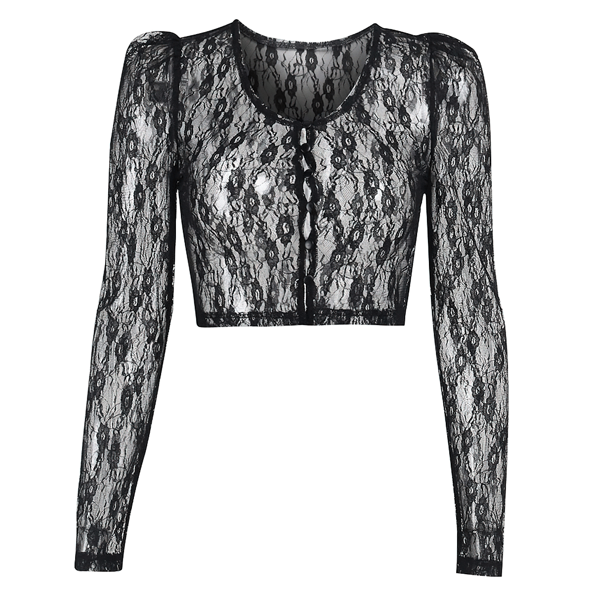 Black lace crop top for women with long sleeves and button detail, perfect for gothic style outfits.