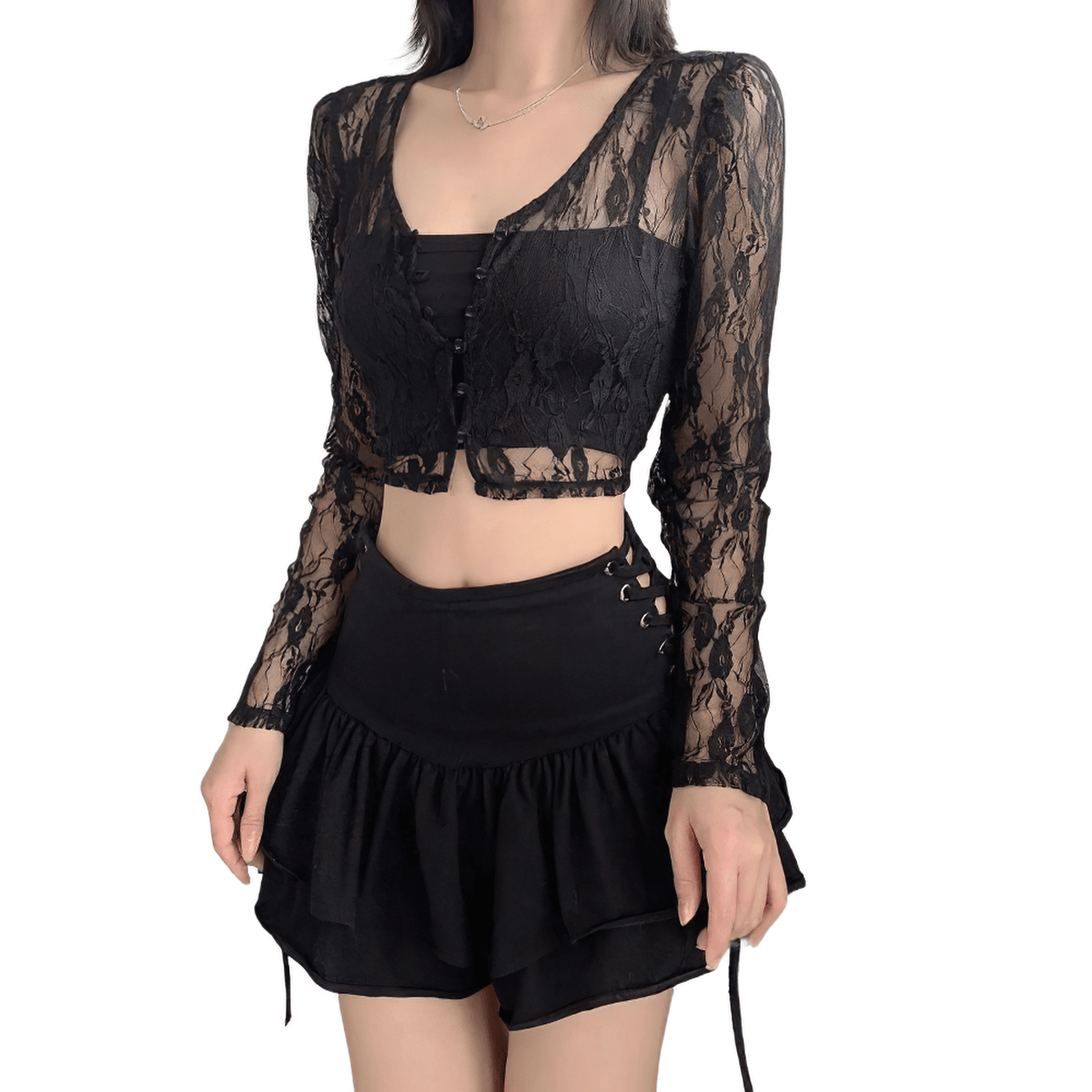 Black lace see-through crop top for women, featuring button detail and long sleeves, perfect for gothic style outfits.