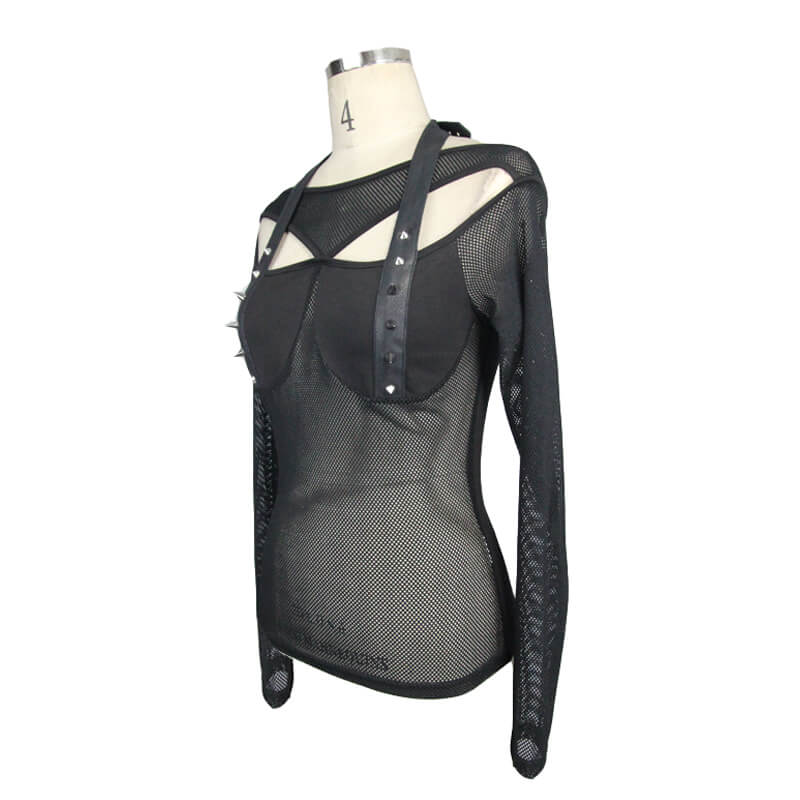 Fashion sexy black mesh top with spikes, featuring a gothic slim-fit design and stylish hollow-out details.