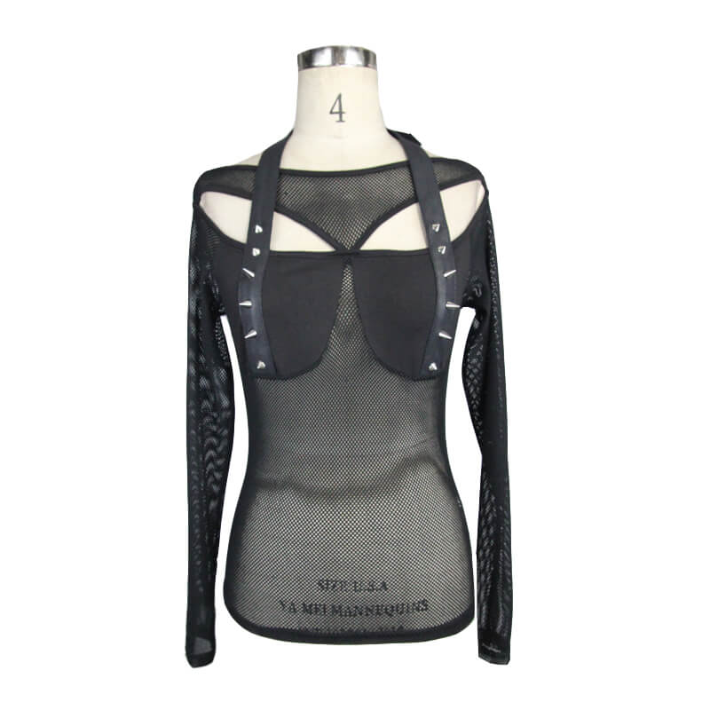 Fashion Sexy Women's Mesh Top with Spikes / Gothic Style Transparent Hollow-Out Slim-Fitting Tops - HARD'N'HEAVY