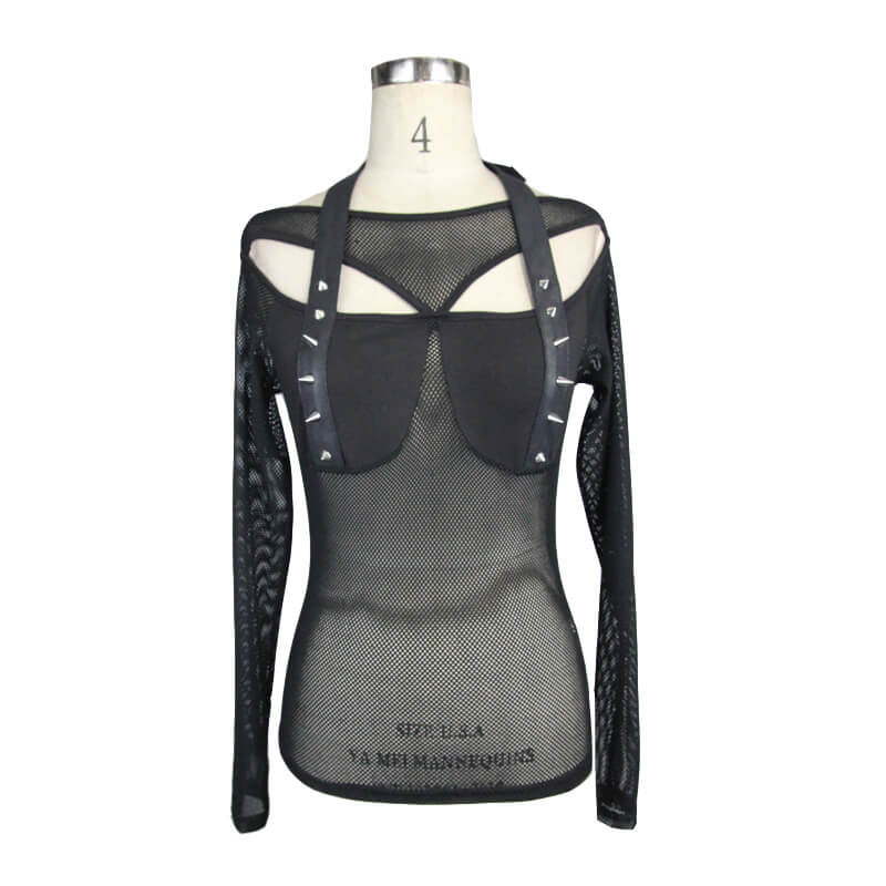 Gothic sexy women's black mesh top with spikes, transparent design, perfect for a trendy outfit.