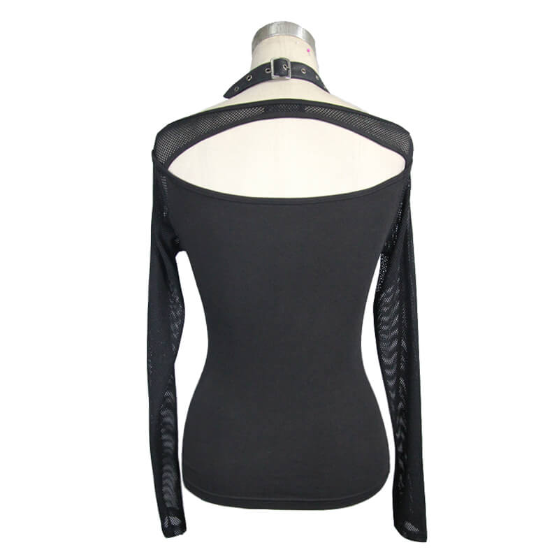 Back view of a black mesh top with spikes, showcasing gothic style and slim fit for women.
