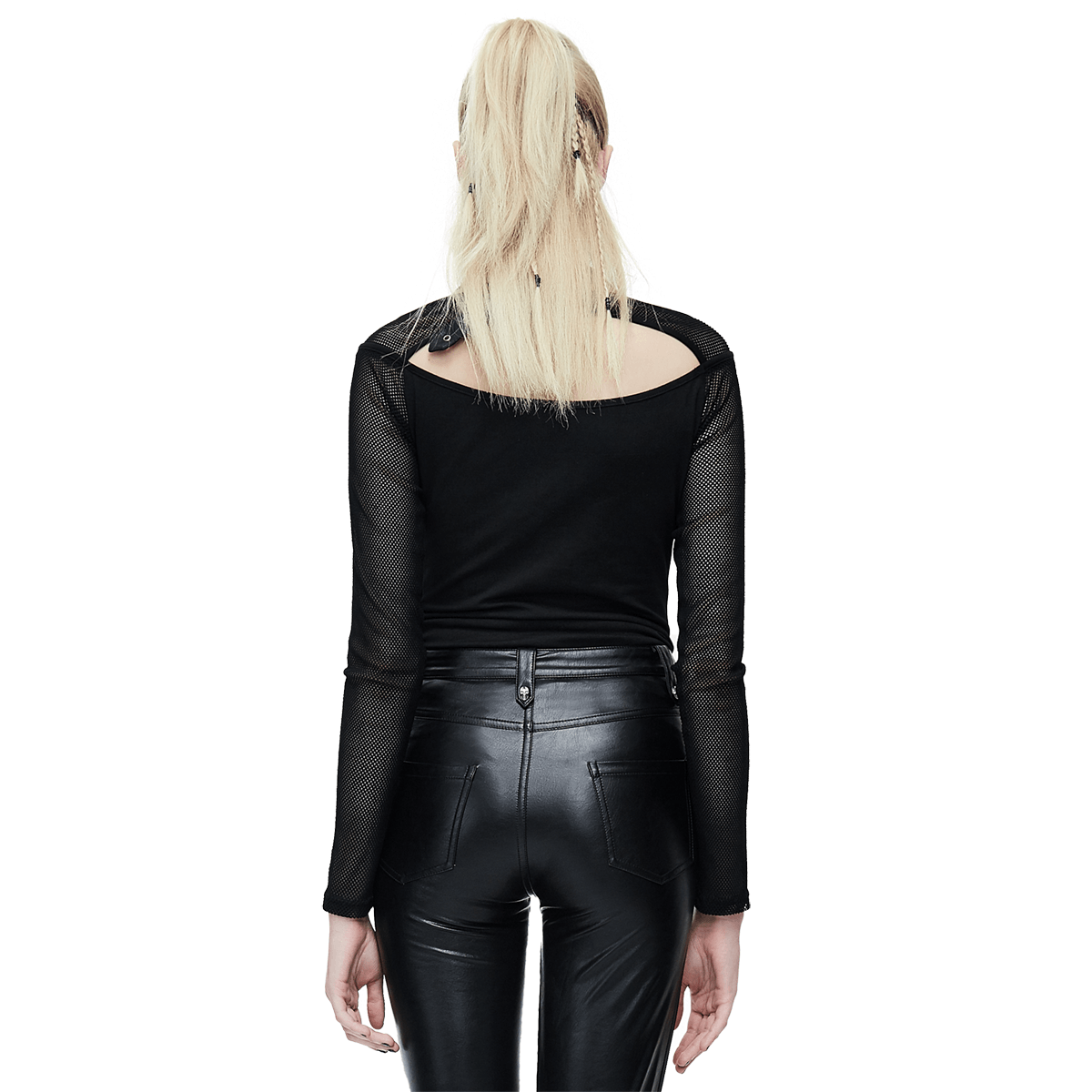Back view of a sexy black women's mesh top with spikes, paired with sleek black pants, showcasing gothic fashion style.