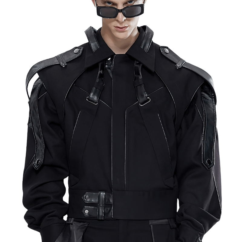 Trendy men's fashion short patchwork leather jacket with sleek design and stylish model wearing sunglasses.