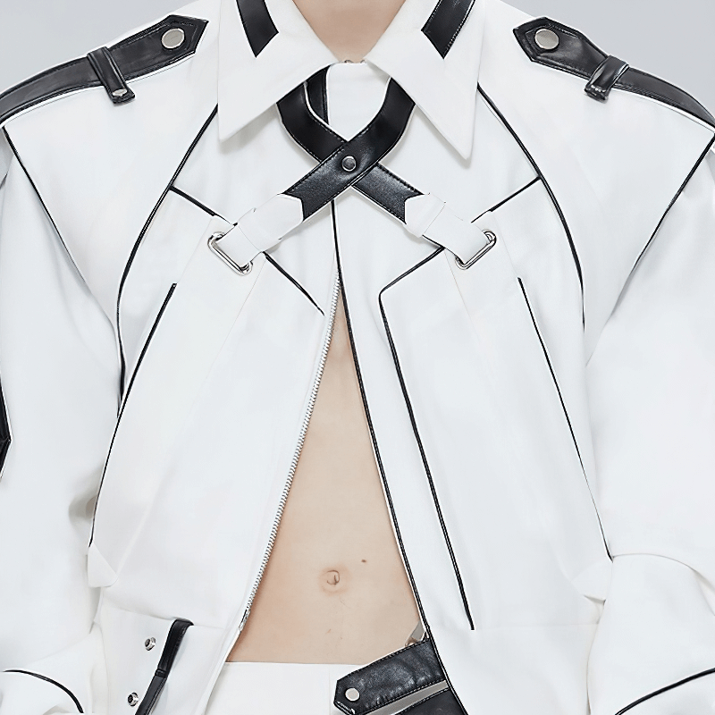 Trendy white patchwork men's leather jacket featuring unique straps and contrasting details. Perfect for alternative fashion lovers.