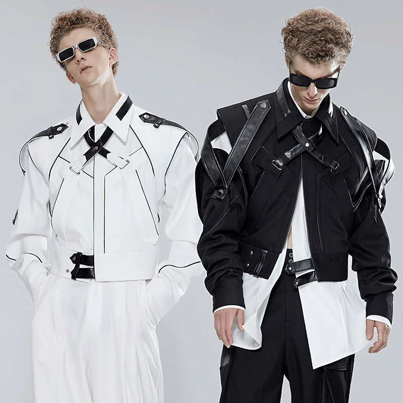 Men's trendy patchwork leather jackets in black and white, perfect for stylish alternative outfits.