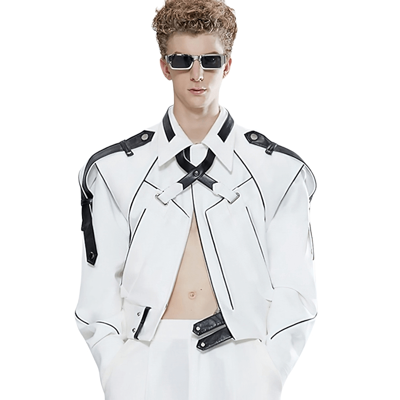 Stylish man in a trendy white patchwork leather jacket with sunglasses, showcasing an alternative fashion look.