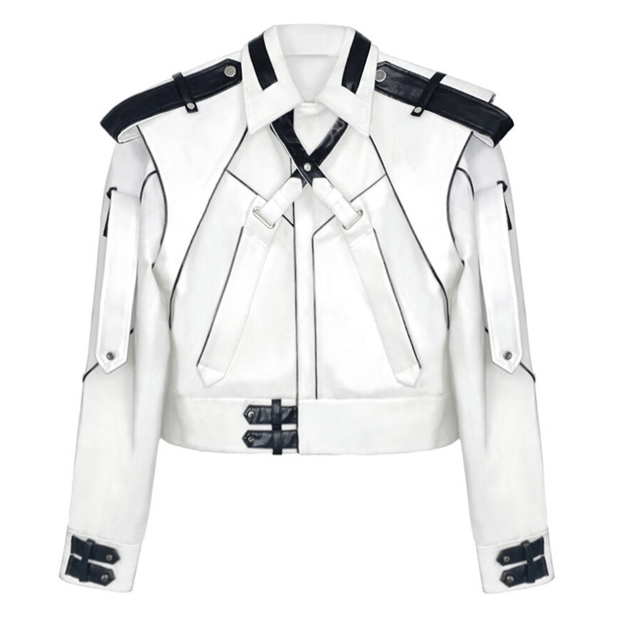 Men's trendy white patchwork leather jacket with unique design details and long sleeves.