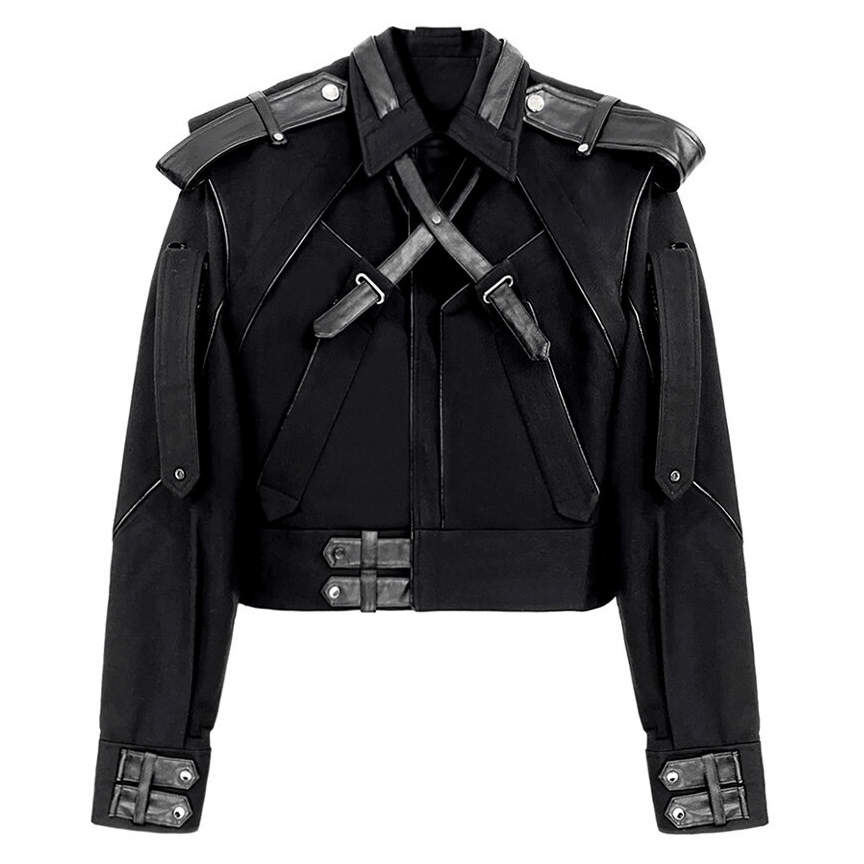 Trendy black patchwork leather jacket for men with unique design and stylish details.