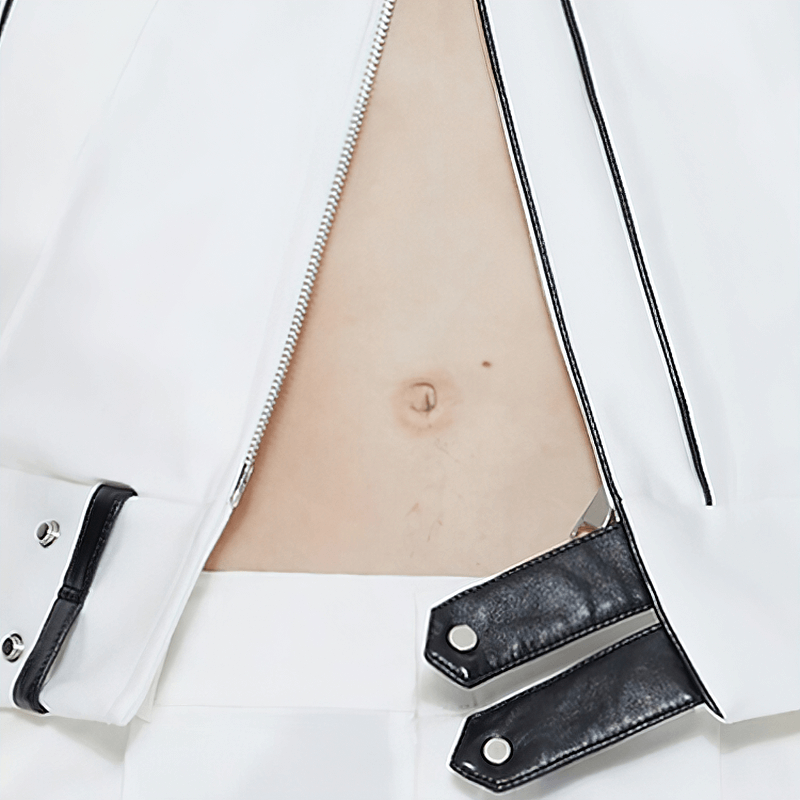 Close-up of a man's midriff featuring a stylish zippered jacket with black details and a trendy cut.