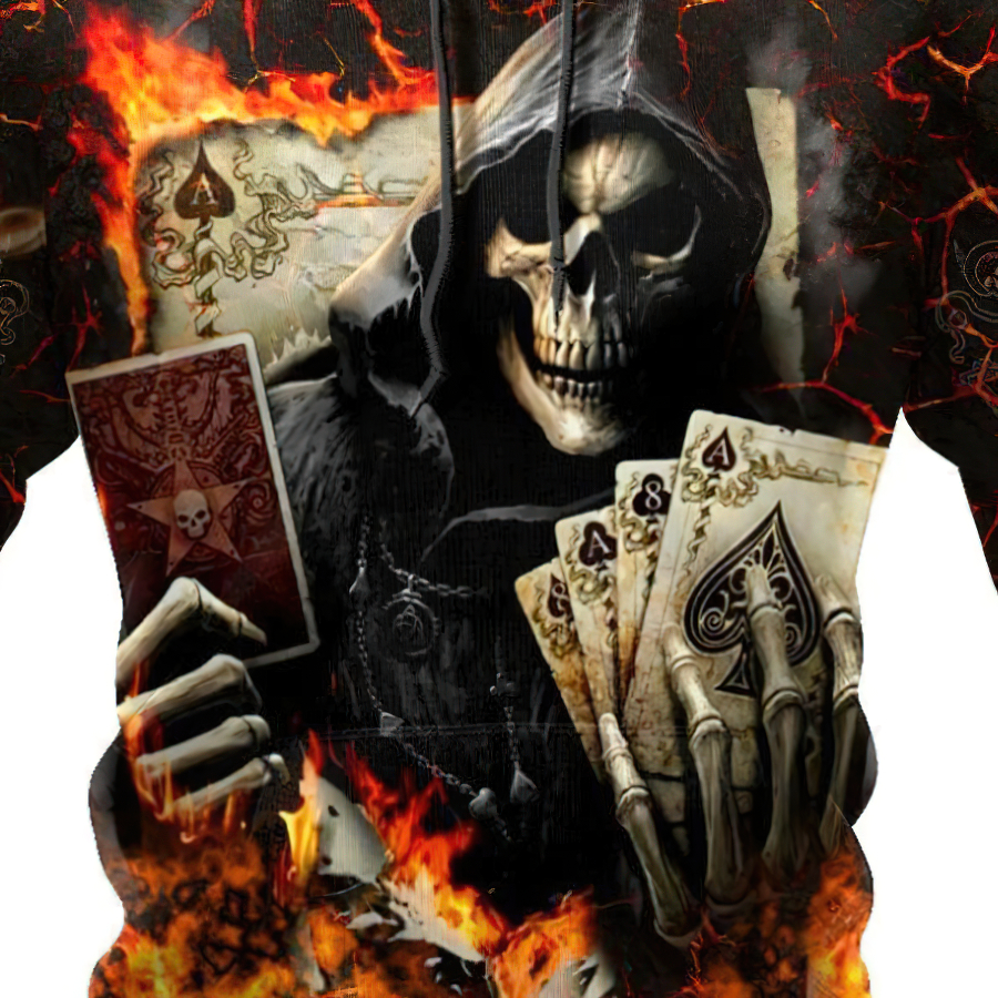 Fashion skull hoodie sweatshirt for men featuring a 3D print of a skeleton with playing cards and fiery background.