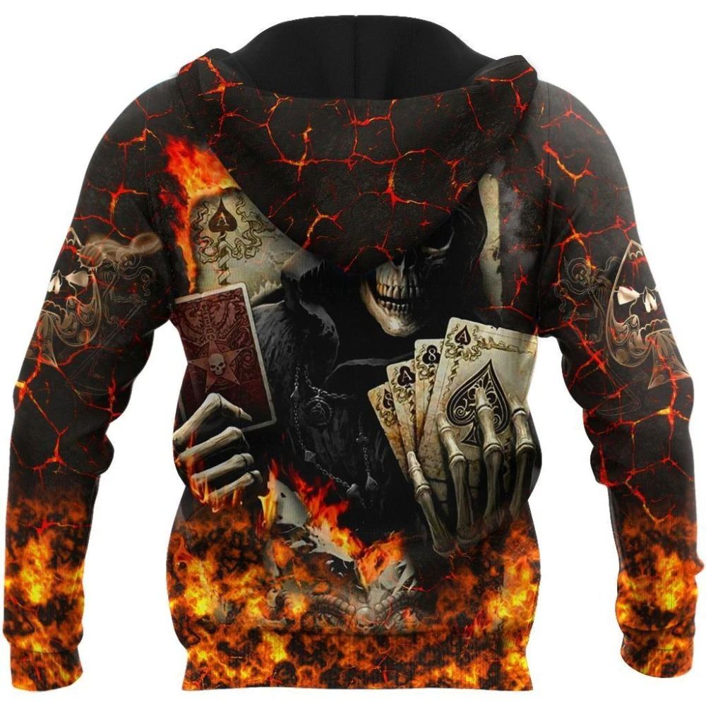 Men's fashion skull hoodie with 3D print, featuring a skeleton holding cards and surrounded by flames.
