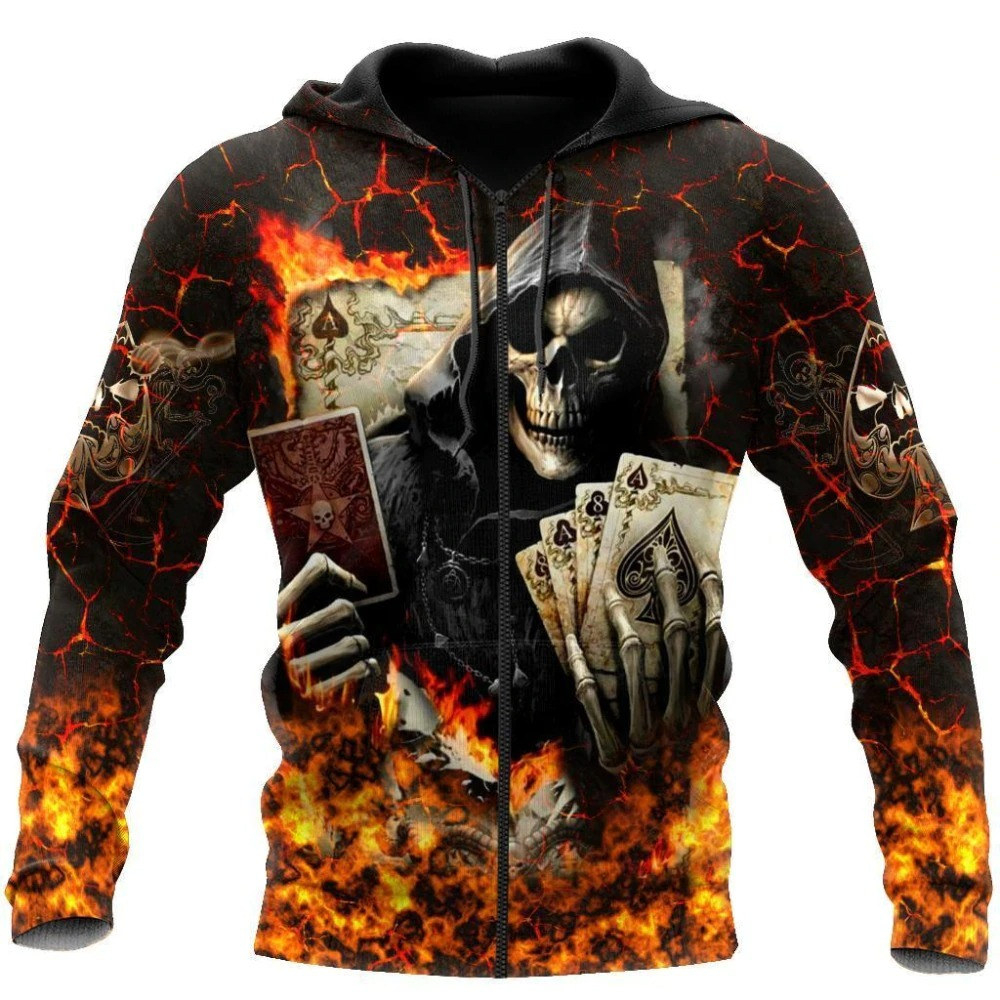 Fashion skull hoodie with 3D skeleton print and flames, perfect for concerts and edgy outfits.