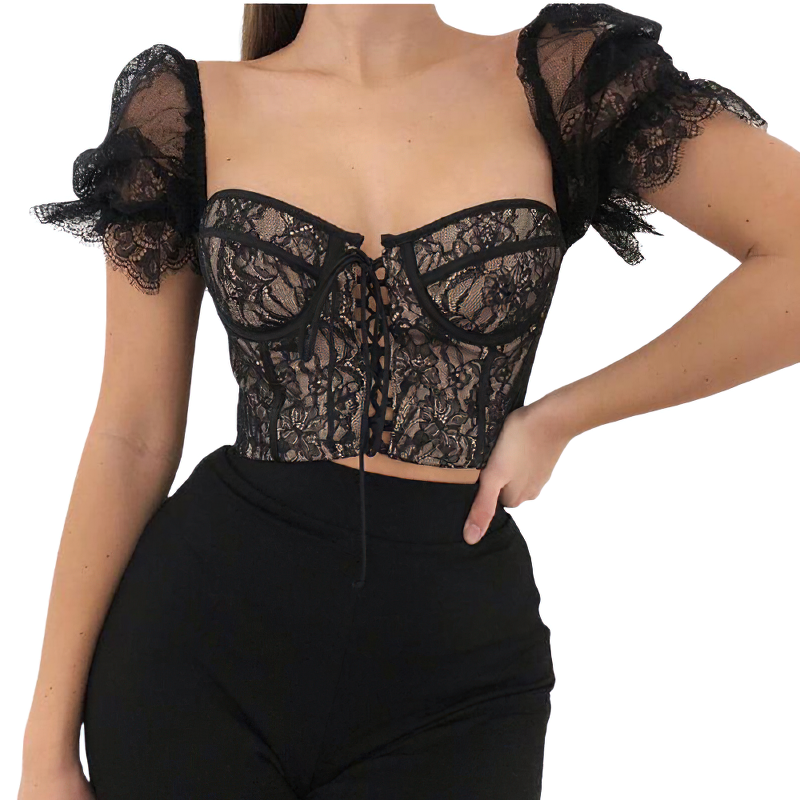 Fashion Slim Black Crop Top / Gothic Style Sexy Splicing Lace Top - HARD'N'HEAVY