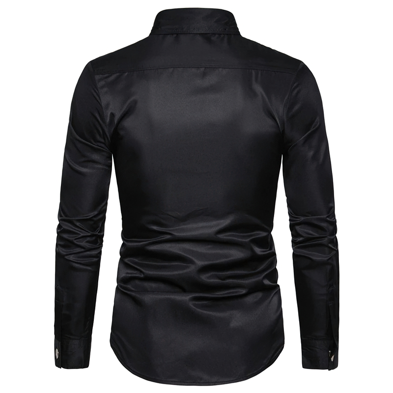 Men's black slim fit cotton long sleeve shirt showcasing stylish back design, perfect for casual wear.
