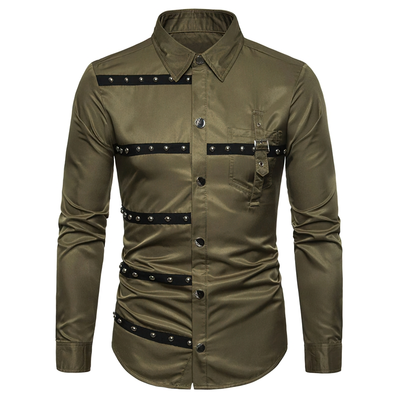 Stylish olive green slim fit long sleeve shirt for men with unique black strap design and buttons.
