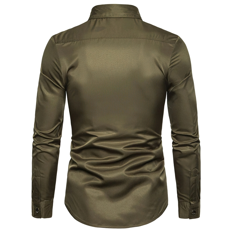 Back view of a fashionable olive green slim fit long sleeve shirt for men, perfect for casual occasions.