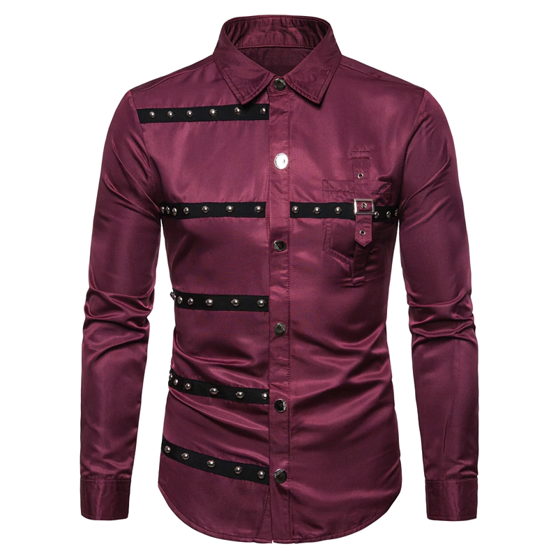 Fashionable men's slim fit long sleeve shirt in burgundy with stylish black straps and studs.