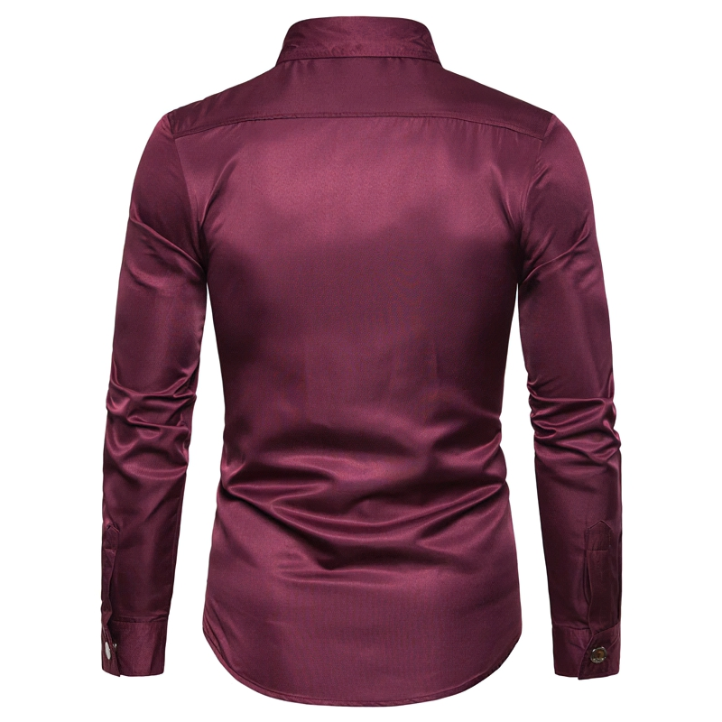 Back view of a stylish men's slim fit long sleeve shirt in burgundy cotton, perfect for casual outfits.