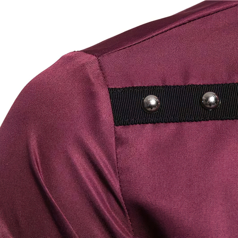 Close-up of the stylish shoulder detail on a slim fit men's cotton long sleeve shirt in burgundy.