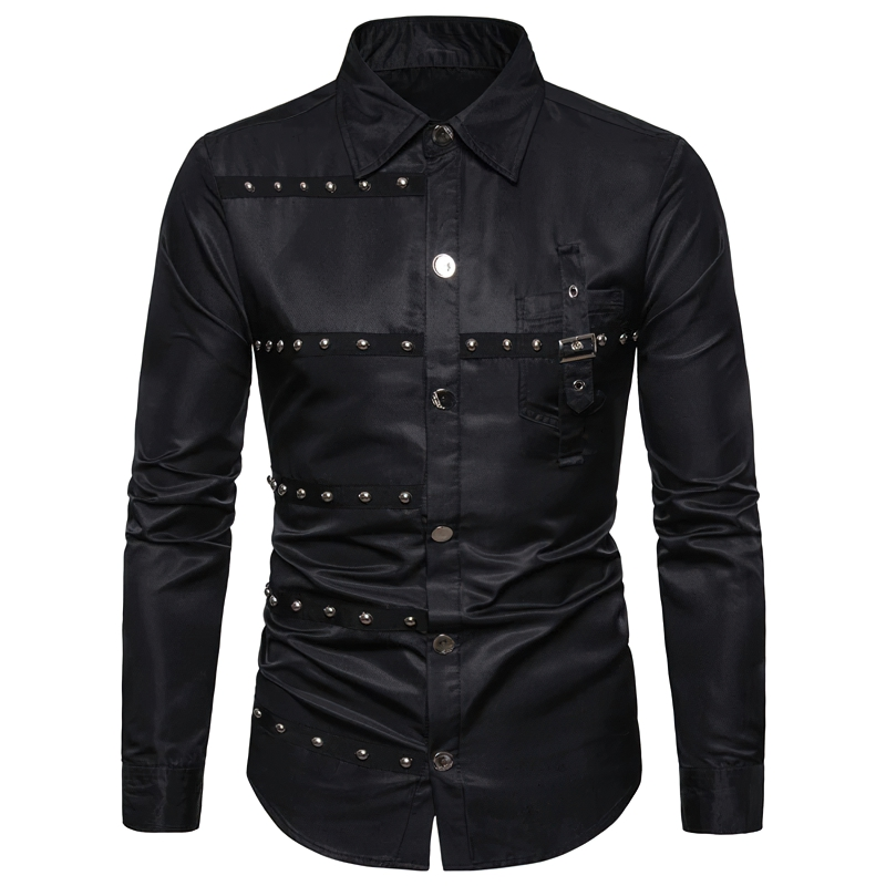 Stylish black slim fit long sleeve shirt for men with unique studded design and button-up style.