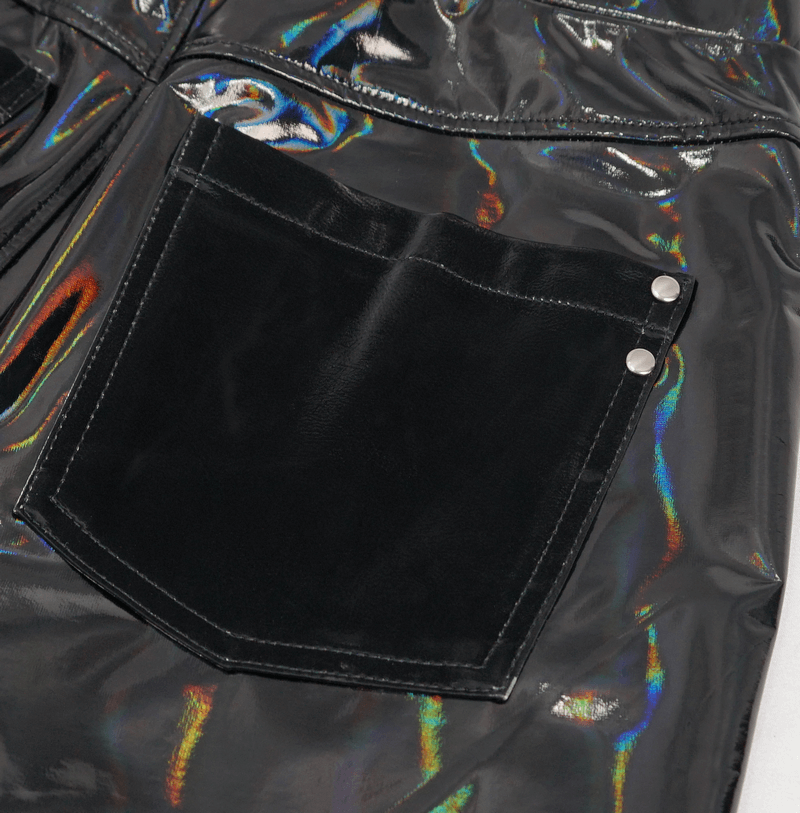 Close-up of the pocket detail on women's slim PU leather pants, showcasing a glossy wet look and stylish stitching.