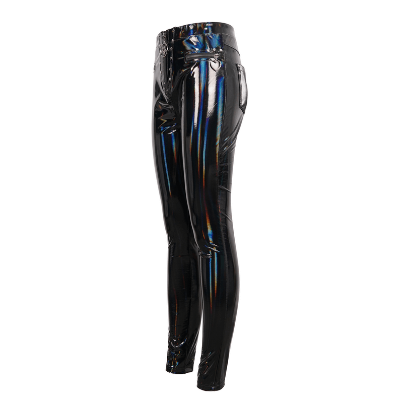 Sleek women's slim PU leather pants with a glossy finish and zipper details, perfect for a fashionable casual look.