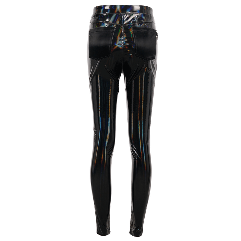 Sleek black slim PU leather pants for women featuring a stylish wetlook finish and back pockets.