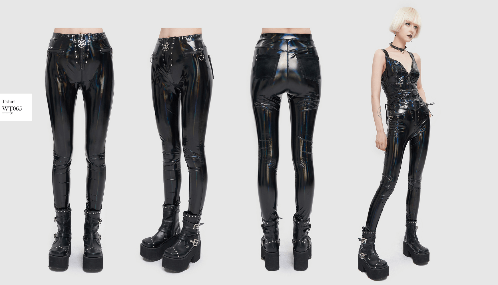 Women's fashion PU leather pants with zipper, slim fit, showcased from various angles, perfect for a trendy look.