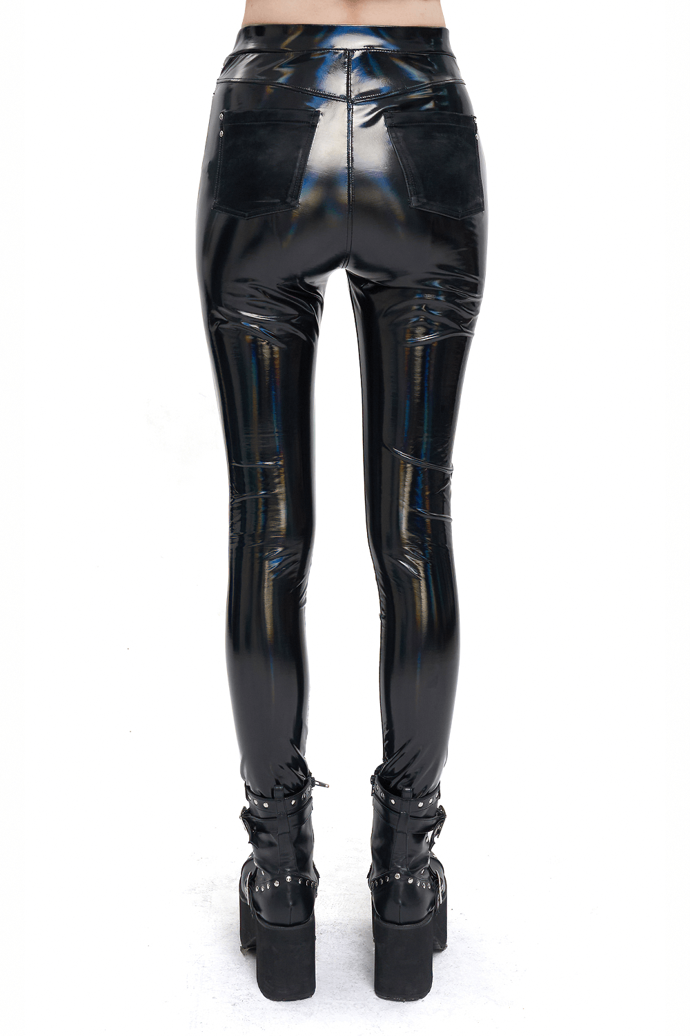 Back view of women's slim PU leather pants, featuring a glossy finish and stylish design, perfect for a trendy look.