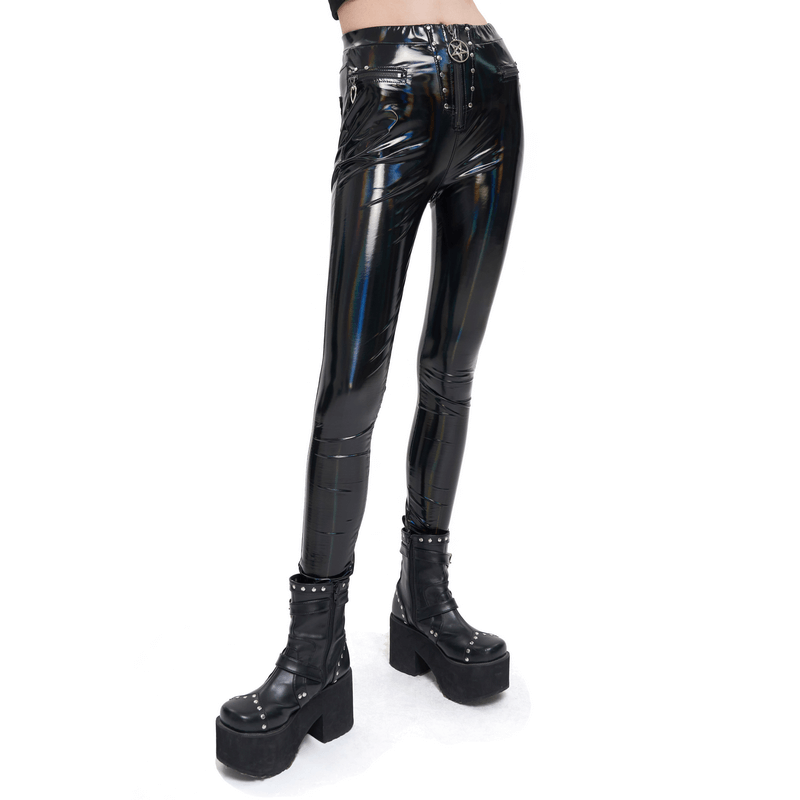 Fashion slim PU leather pants for women in black, featuring a zipper and a sleek wetlook finish, styled with platform boots.