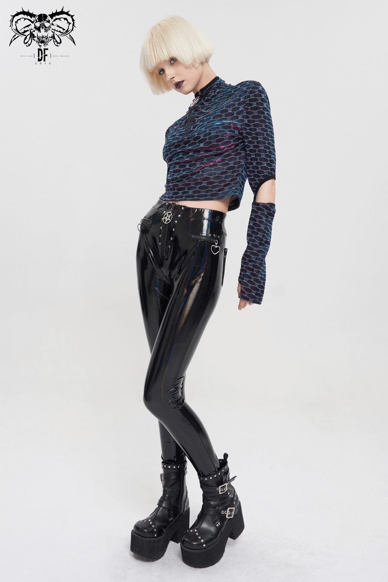Fashionable woman in sleek PU leather pants and stylish top, showcasing a trendy, edgy look.