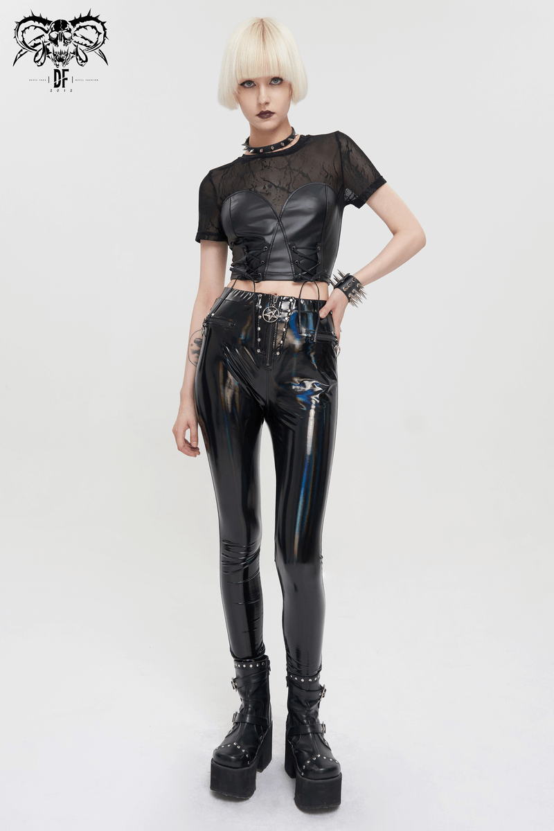Fashionable woman in black slim PU leather pants and crop top, showcasing a chic casual style ideal for any wardrobe.