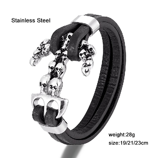 Fashion Stainless Steel Anchor Bracelet Of Skulls / Unisex Jewellery Of Genuine Leather - HARD'N'HEAVY