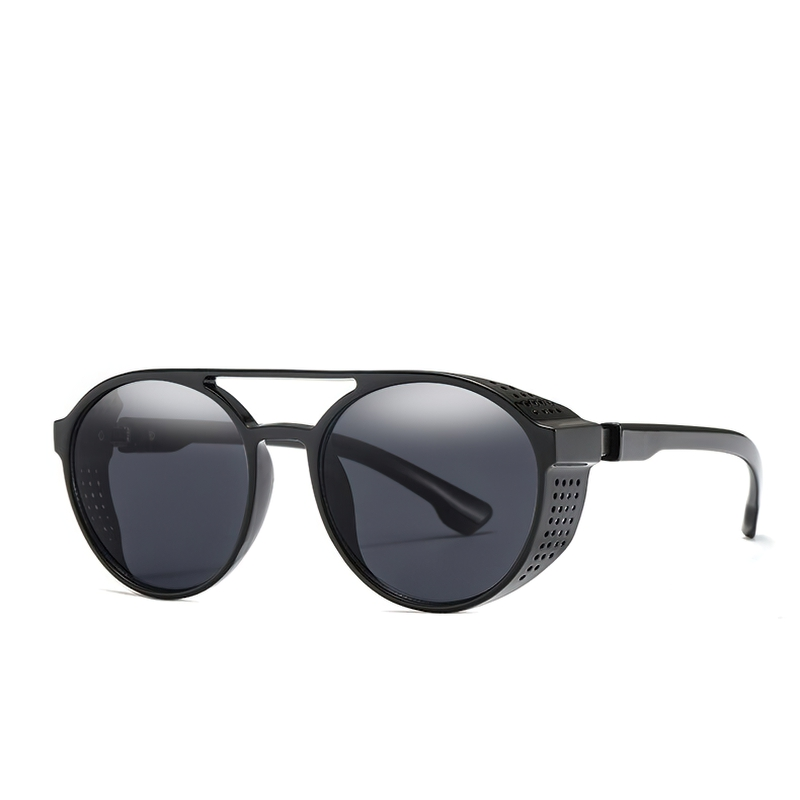 Unisex retro steampunk sunglasses with round lenses and black frame, perfect for stylish outfits.