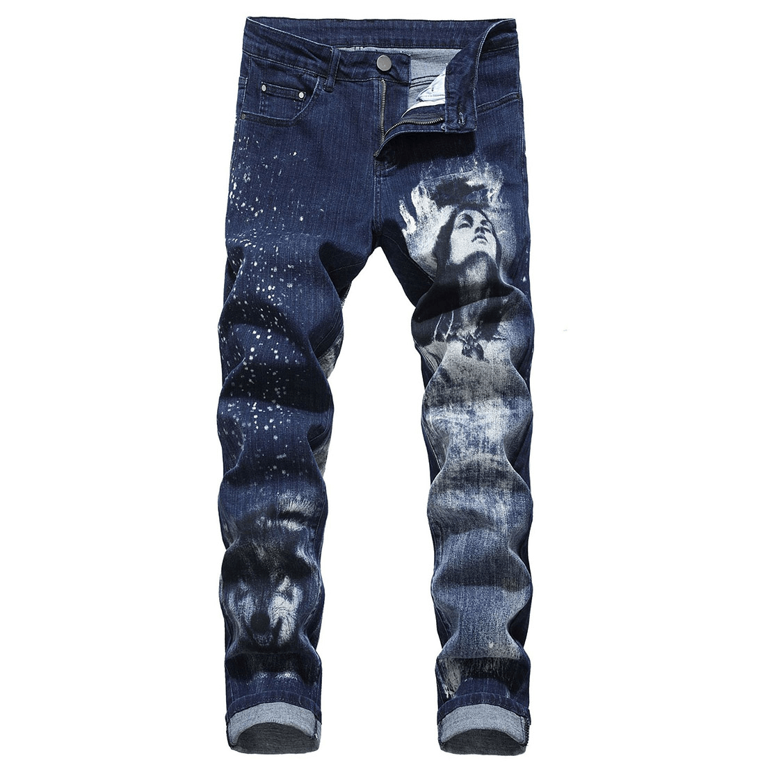 Stylish straight jeans with a wolf and woman 3D print, perfect for trendy punk outfits.