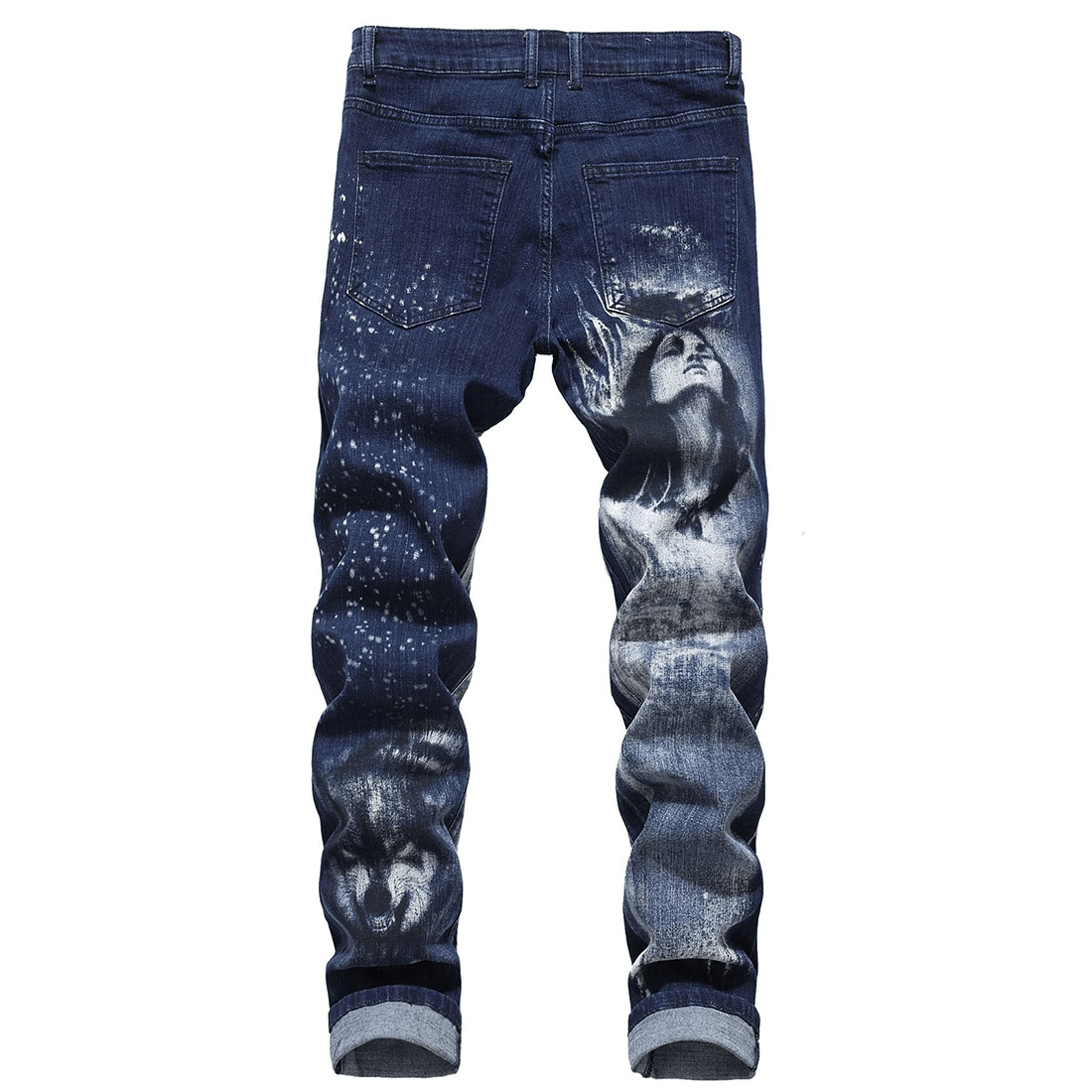 Punk style straight jeans featuring wolf and woman 3D print pattern on blue denim, perfect for trendy outfits.
