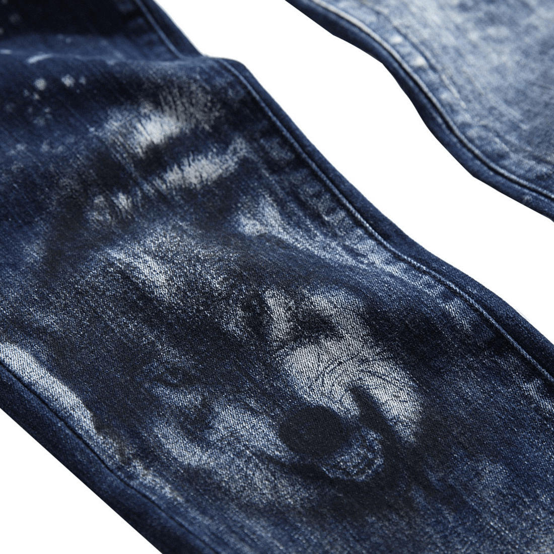 Close-up of punk-style straight jeans featuring a striking wolf 3D print on dark denim fabric.