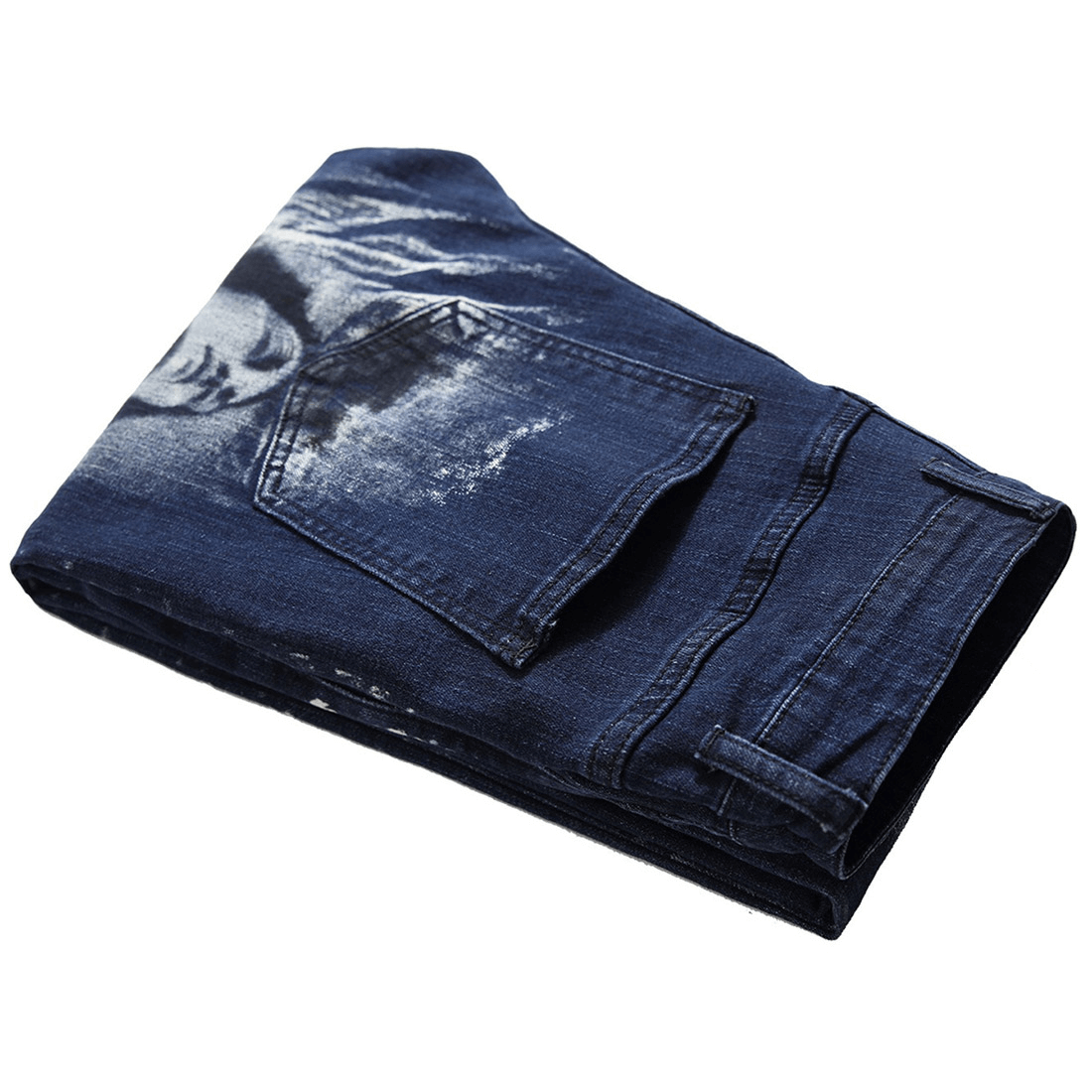 Folded straight jeans featuring a stylish wolf 3D print, perfect for punk-inspired outfits.