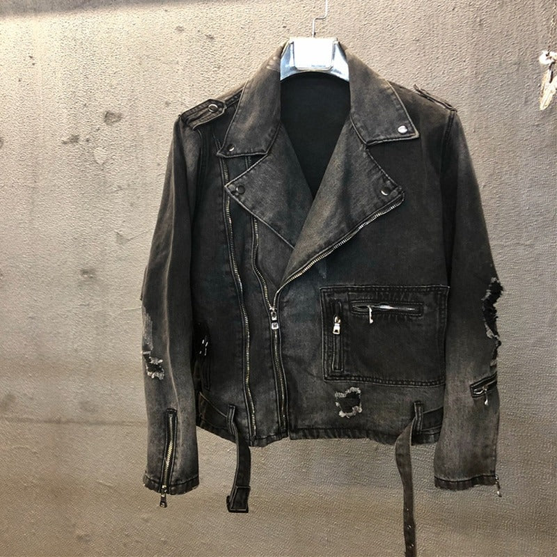 Men's fashion streetwear denim jacket in black, featuring zippers and stylish distressed details.