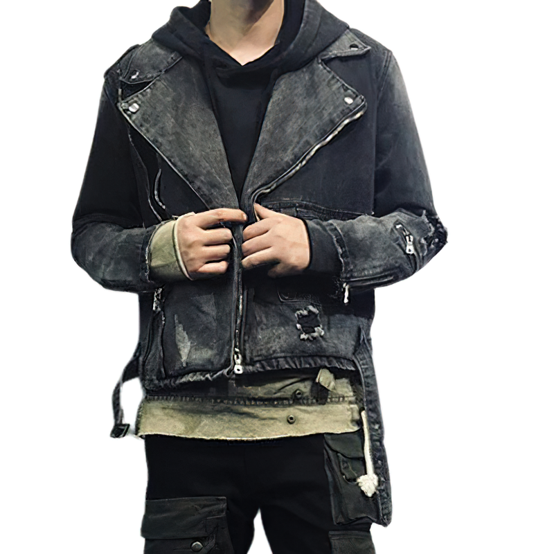 Fashion Streetwear Denim Jacket In Rock Style / Men's Black High Quality Jacket - HARD'N'HEAVY