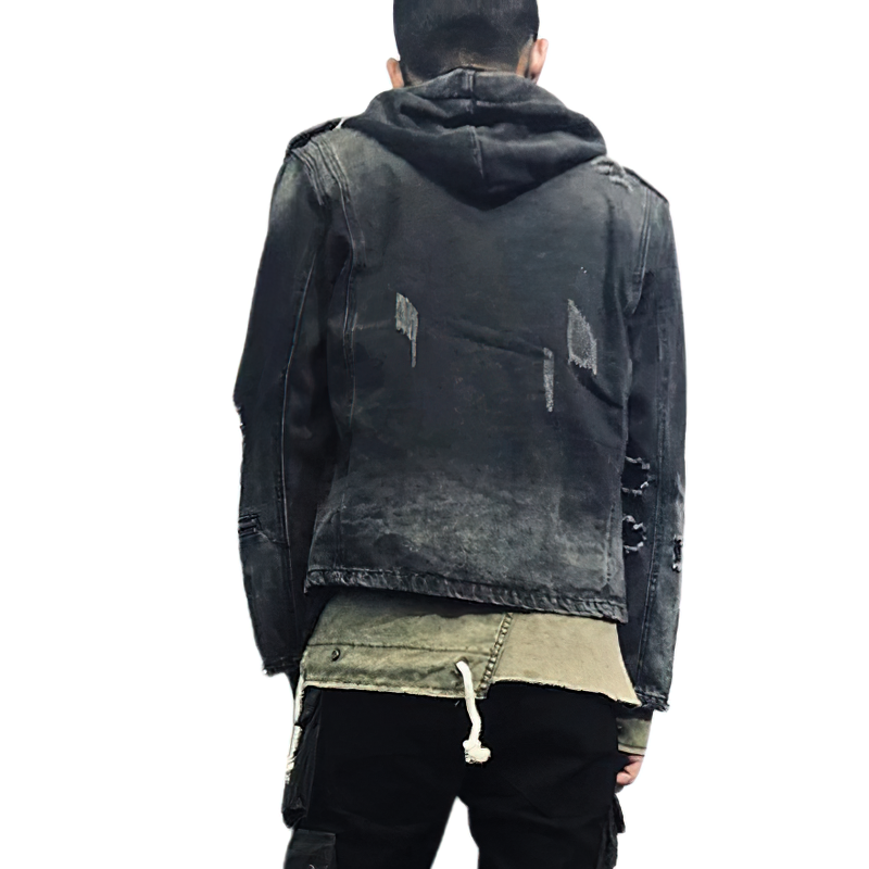 Men's rock style denim jacket, black with distressed details, perfect for alternative fashion lovers.