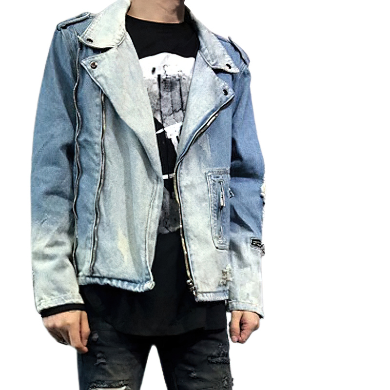 Men's fashion denim jacket in light blue, featuring zippers and a stylish rock design.