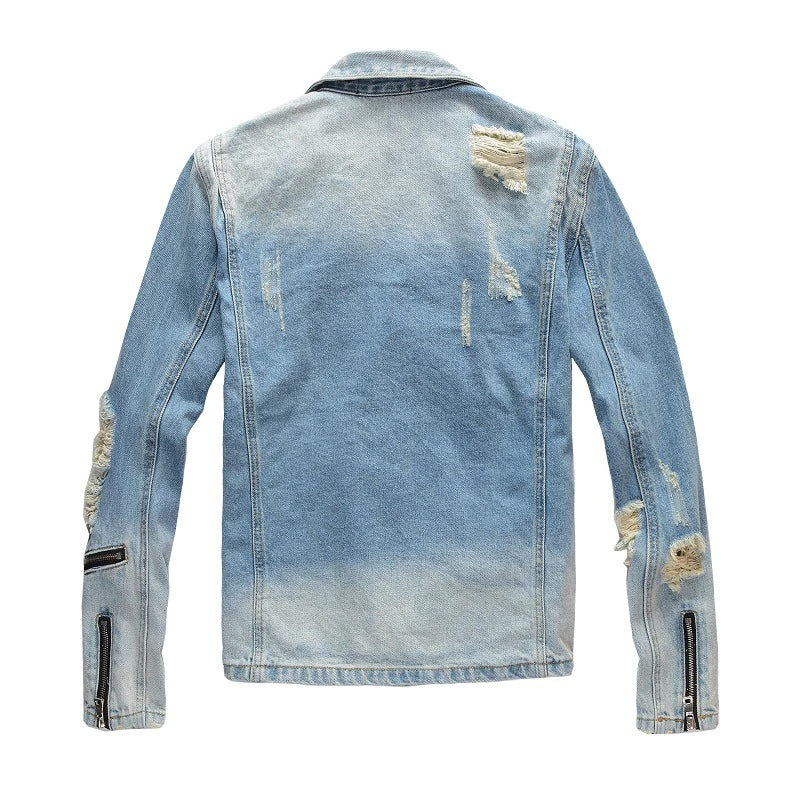Back view of a light blue fashion denim jacket featuring distressed details and zippers, perfect for rock-style outfits.