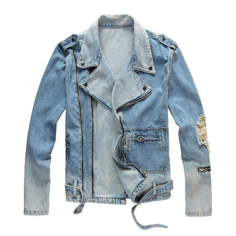 Fashion denim jacket in light blue, featuring zippers and distressed details for a rock-inspired look.