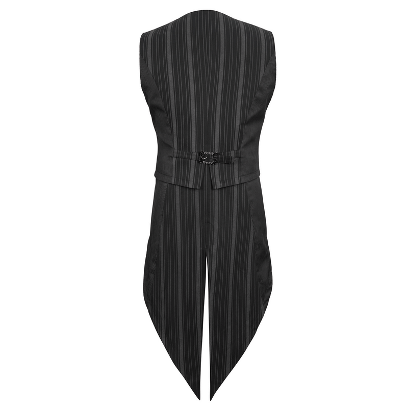 Back view of a stylish black striped waistcoat with a detachable swallowtail and elegant cut.