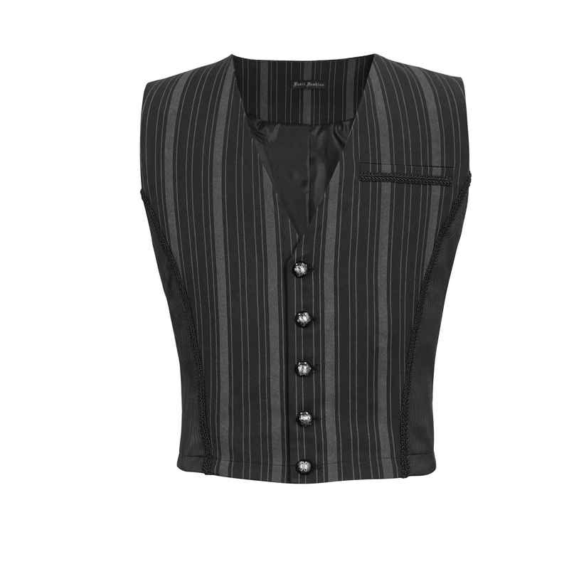 Gothic black waistcoat with stylish stripes and patterned buttons, perfect for a fashionable look.