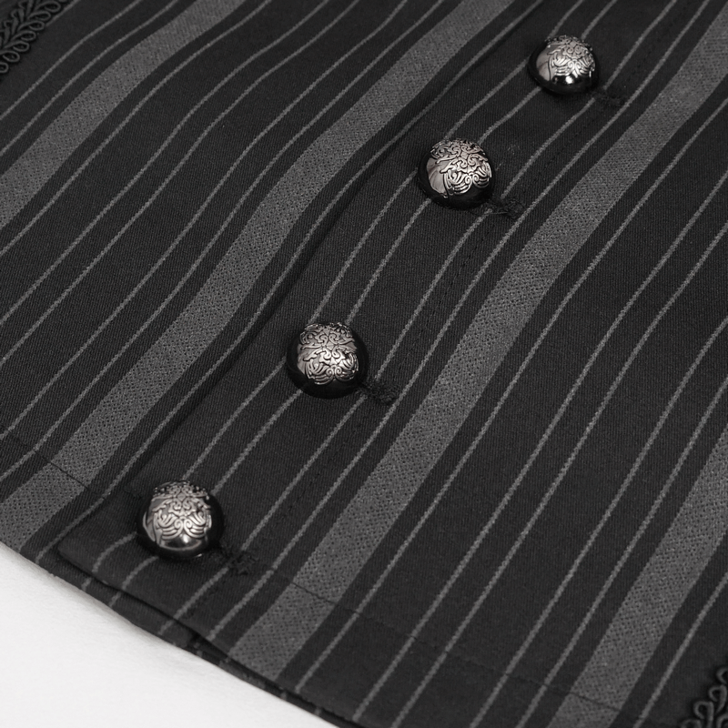 Elegant black waistcoat fabric featuring intricate patterned buttons and stylish stripes for a gothic look.