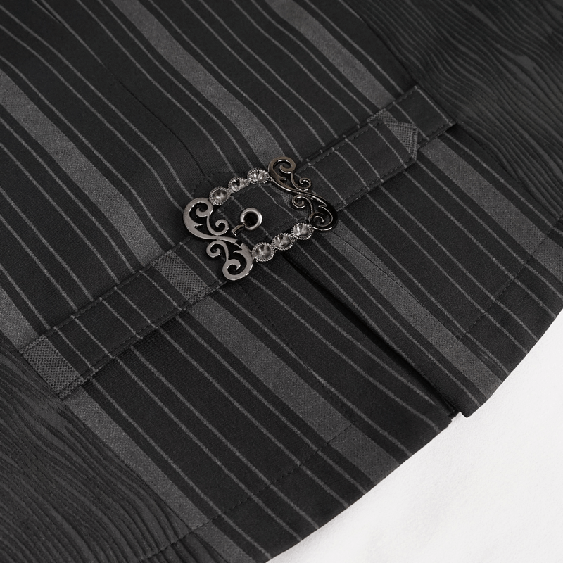Close-up of the stylish black striped waistcoat featuring a decorative patterned button.