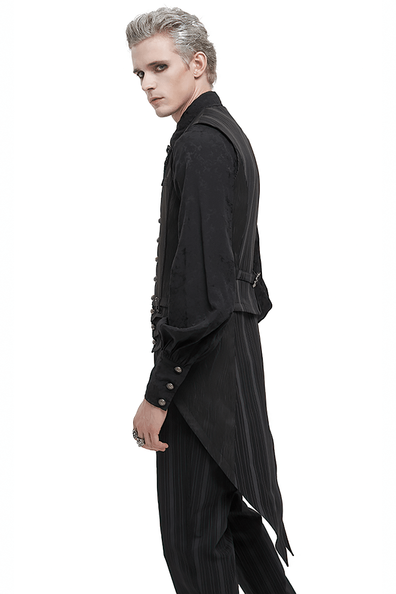 Gothic black waistcoat with detachable swallow tail and patterned buttons, stylishly worn by a model.